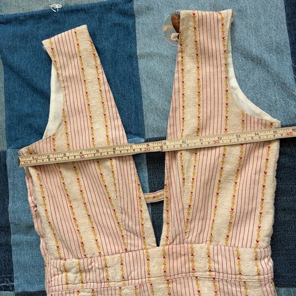 vtg 70s dress ruffle hem deep vneck striped embroidered pink cream green - Picture 10 of 11